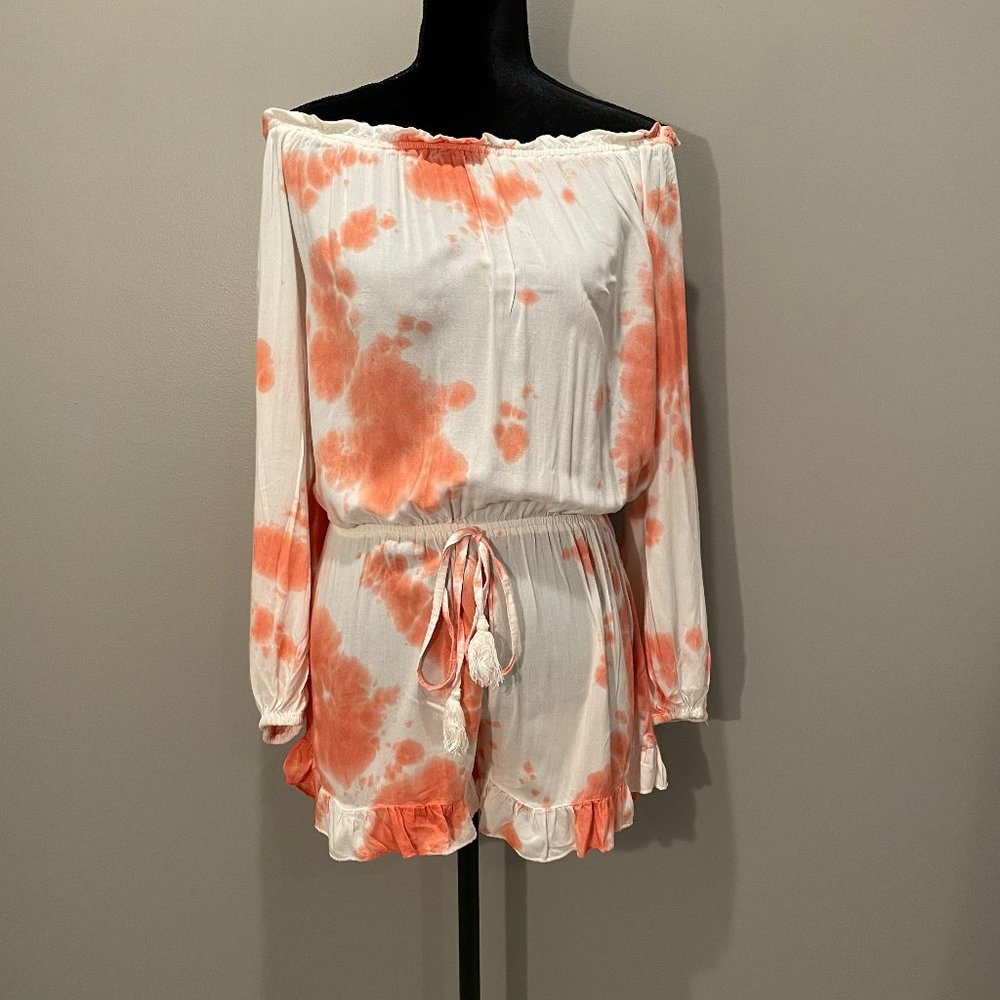 Style Envy Womens Tie-Dye Ruffled Shorts One Piece off the Shoulder Romper sz L